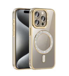 iPhone 15 Pro Max Kılıf Pırlanta Taş Tasarımlı M-safe Şarj Özellikli Karetta Silikon Kapak (Gold)