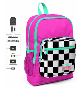 Coral High Pembe Damalı İlkokul ve Günlük Sırt Çantası - Kız Çocuk - USB ve AUX Soketli