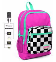 Coral High Pembe Damalı İlkokul ve Günlük Sırt Çantası - Kız Çocuk - USB ve AUX Soketli