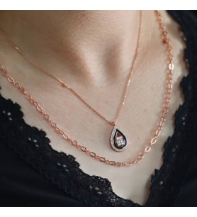 Baget Taşlı Siyah Mineli Damla Kolye (Rose - Gold)