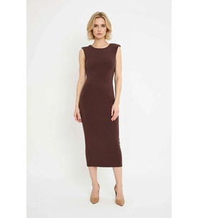 Kadın Kolsuz Bodycon Maxi Elbise Sırt Detaylı Sandy Dokulu Party Astarlı Bisiklet Yaka Günlük Rahat