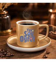 BK Gift Yaşa Sev Öğret Öğretmen Tasarımlı Mat Altın Türk Kahvesi Fincanı ve Tabağı-2