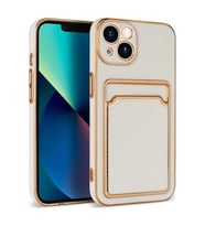 iPhone 13 Kılıf Kartlıklı Kamera Korumalı Altın Kenar Tasarım Silikon (Beyaz)