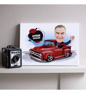 Kırmızı Antika Araba ve Ben Karikatürlü Kanvas