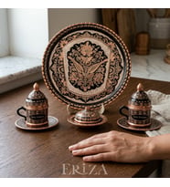 Kişiselleştirilebilir Geometrik Desen Bakır Kahve seti İsim & Logo İşlemeli