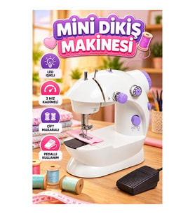 Mini Ev Tipi Dikiş Makinesi – Çift Makaralı, 2 Hızlı, Pedallı ve Işıklı