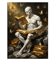 Kitap Okuyan Heykel Ve Kelebekler Dekoratif Kanvas - Mdf Ahşap Tablo