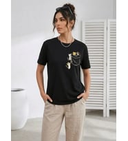 Sevimli Kedi Cep Baskılı Tişört Kısa Kol Yazlık T-Shirt - Siyah