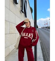 Kruzo Kadın Bordo Yakalı Sweat Baggy Pantolon Takım