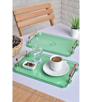 Gold Kulplu Türk Kahvesi Sunum Tepsisi  2'li Şık Set 25x17cm (Yeşil)