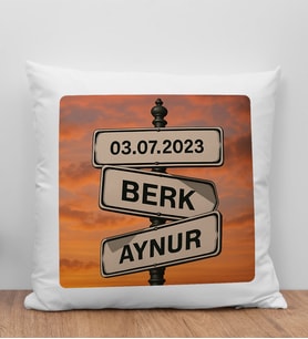 BK Gift Kişiye Özel Aşkın Yol Tabelası Tasarımlı Beyaz Kırlent Yastık-1, Sevgiliye Hediye, Arkadaşa Hediye