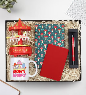 Kişiye Özel Mantar Desenli Defter & Dikişli Mini Not Defteri & Gümüş Renk Detaylı Kırmızı Tükenmez Kalem & Motto Kupa & Kırmızı Atlıkarınca Müzik Kutusu Hediye Seti