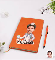 BK Gift Kişiye Özel Erkek Diş Hekimi Karikatürlü Turuncu Termo Deri Defter Kalem Seti Model 3