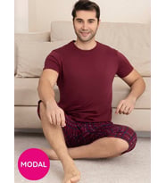 Erkek Bisiklet Yaka 3 Düğmeli Ekose Desen Modal Kısa Kol Cepli Kapri Pijama Takımı (Desenli)
