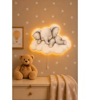 Ahşap Bulut Üzeri Fil Pilli Ledli Gece Lambası Bebek Çocuk Odası-Yıldız Sticker Hediyeli