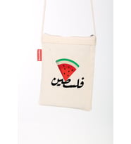 Geleneksel Filistin Üçgen Karpuz Dilimli + Filistin Arapça Yazılı Dijital Baskılı Askılı Kanvas Bez Fermuarlı Çanta 18*25 CM (Krem)