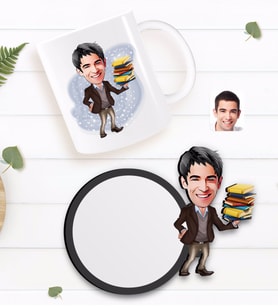 BK Gift Kişiye Özel Erkek Öğretmen Karikatürlü Beyaz Kupa ve Ahşap Bardak Altlığı Hediye Seti