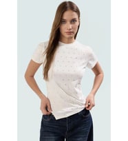 Asimetrik Taşlı T shirt Pamuklu Fitted Yazlık Dayanıklı Malzeme Modern Stil Özenle Seçilmiş (Beyaz)