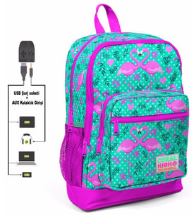 Coral High Pembe Flamingo Desenli Usb Şarj ve Kulaklık Çıkışlı Okul Sırt Çantası