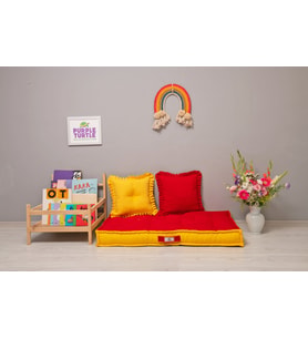 %100 Organik Yatak, Fransız Tarzı El Yapımı Bebek ve Çocuk Yatağı, Dekoratif Minder / Çift Renk Sarı-Kırmızı 60x120x15 cm