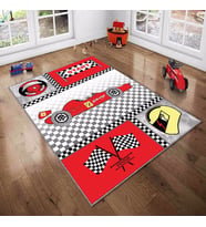 Gri F1 Ralli Desenli Yıkanabilir Kaymaz Taban Leke TutmazBebek ve Çocuk Odası Halısı (Gri-Kırmızı)