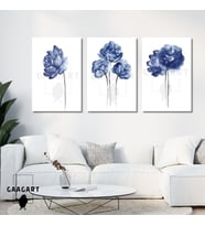 3'lü Kanvas Salon Tablosu Seti Pastel Soft Mavi Çiçekler