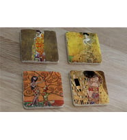 Gustav Klimt Kiss (Öpücük) ve Eserleri Doğal Taş Bardak Altlığı 4'lü set - Natural Stone Coasters