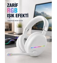 Bluetooth 5.0 Beyaz Kulak Üstü Kablosuz Kulaklık Mikrofonlu RGB Aydınlatmalı