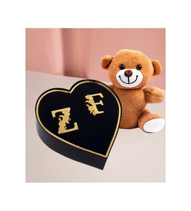 Kişiye Özel Çift Harf Tasarımlı Kalp Kutu Ve 25 cm Peluş Ayıcık