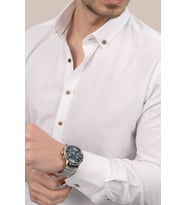 Beyaz Kahve Düğmeli Slimfit Hediye Kutulu Erkek Gömlek (Beyaz)