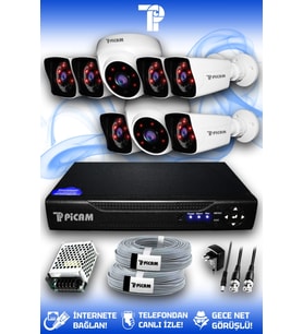 PICAM 8 Kameralı Kare 2 İç Kamera Set HDD'siz Full HD Gece Görüşlü Güvenlik Kamerası Sistemi