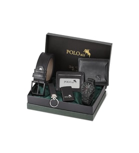 Polo Air Takvimli Erkek Kol Saati Cüzdan Kemer Kartlık Anahtarlık Çakmak Kombin Set Siyah Renk PL-7039E1