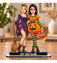 Fotoğraftan Kişiye Özel Halloween Cadı Balkabağı Kız Karikatürlü 18 cm MDF Masaüstü Biblo - Arkadaşa Hediye Arkadaşa Doğum Günü Hediyesi