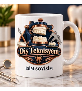 Diş Teknisyeni Kupa Bardak Diş Modeli ve Ölçüm Aleti Desenli