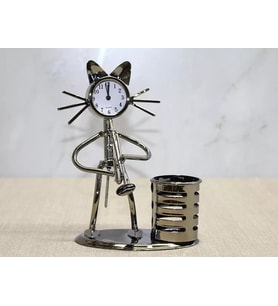 Metal Saksafon Çalan Kedi Müzisyen Saat Ve Kalemlik Alk4346