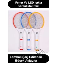 Şarjlı Sivrisinek Öldürücü Raket El Fenerli LED Işıklı Elektrikli Sinek Haşere Savar Yüksek Voltajlı