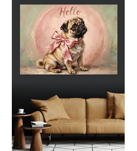 Pembe Kurdeleli Sevimli Pug Köpek Dekoratif Kanvas - Mdf Ahşap Tablo
