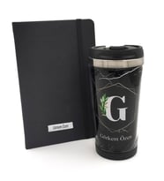 Kişiye Özel Tasarım Mermer Desenli Çelik Termos & Kişiye Özel Siyah Defter Hediye Seti (Model 1)