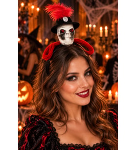 Halloween Kuru Kafa Taç Kırmızı Tüylü Şapkalı Taşlı Cadılar Bayramı Parti Kostüm Saç Aksesuarı
