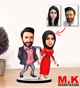Kisiye Özel Karikatür Tesettürlü Çift, Sevgili Biblo