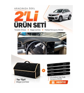 KİA SORENTO (2009-2014) Uyumlu Torpido Örtüsü + Tay Tüyü Bagaj Çantası + Sticker Seti - Siyah Bej
