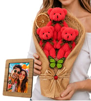 Peluş Ayıcık Buketi Hediyesi Ahşap Fotoğraf Çerçeveli Büyük Boy Fuşya Peluş Ayıcık Buketi
