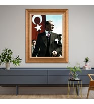 Altın Varaklı Çerçeveli Paspartulu Atatürk Tablo nl02A186 (Gold)