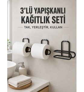 3’lü Siyah Duvar Tipi Kağıtlık Seti Yapışkanlı Pratik Rulo Tutucu