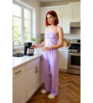 Kadın Puantiyeli İnce Askılı Pijama Takımı Lila Pamuklu Fonksiyonel Dayanıklı Kaliteli Şık