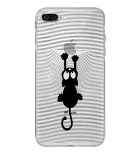 Apple iPhone 8 Plus Uyumlu Kamera Korumalı Tıpalı Kapak Çizgi Kedi Tasarımlı Şeffaf Kılıf