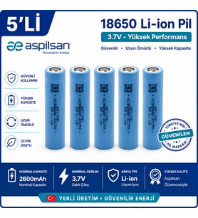 Aspilsan 18650 2600mAh 3.7V Li-ion Şarjlı Pil 5'li Paket INR18650A28 Orijinal Lityum İyon Batarya Yerli Üretim