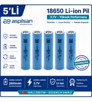 Aspilsan 18650 2600mAh 3.7V Li-ion Şarjlı Pil 5'li Paket INR18650A28 Orijinal Lityum İyon Batarya Yerli Üretim