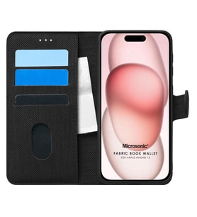 Microsonic Apple iPhone 15 Kılıf Fabric Book Wallet Siyah (Siyah)
