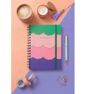 Modern Renk Dalgaları Lastikli Spiralli A5 Not Defteri (Pembe-Mavi)